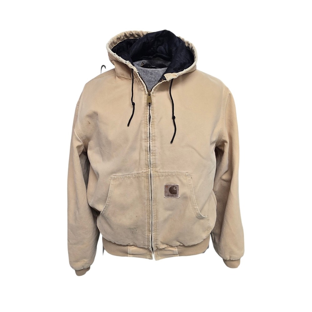 Vtg 90s Carhartt JQ295 Active Jacket Wheat Beige Men's M Hood Distressed Canvas
